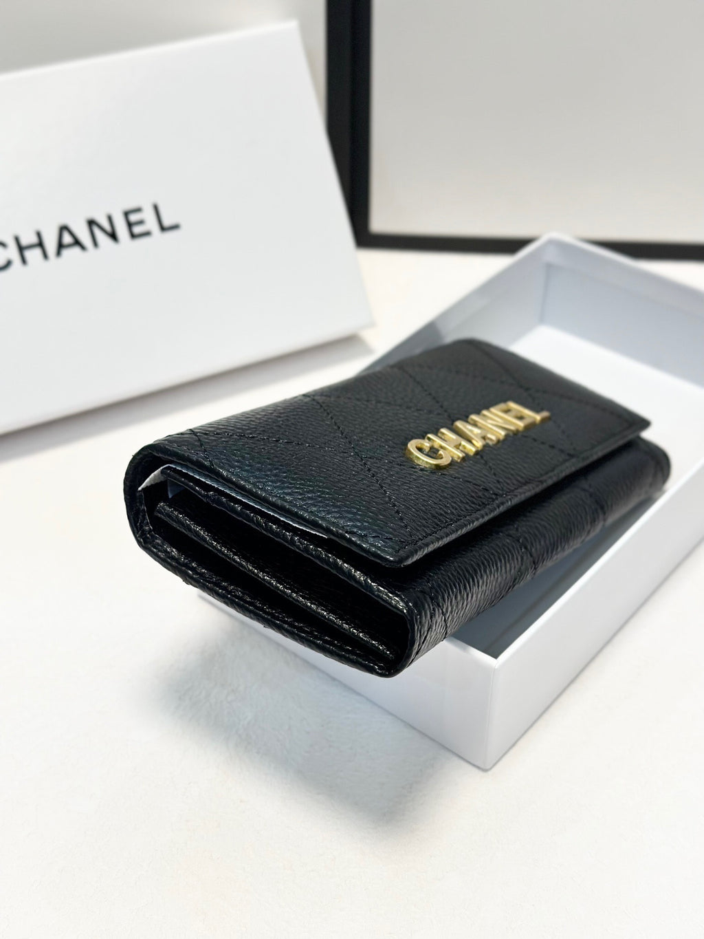 Quilted Leather Wallet with Gold Logo