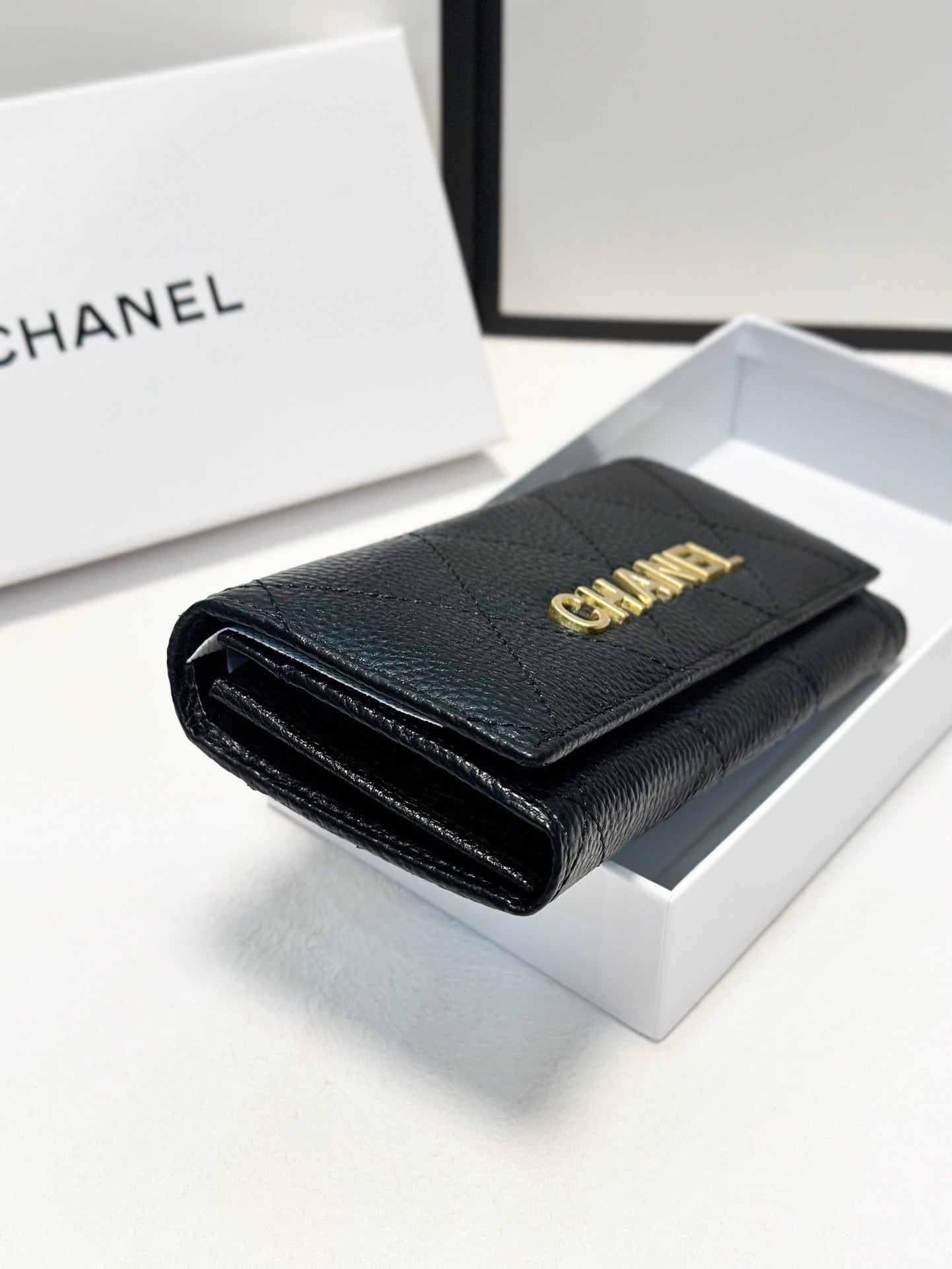 Quilted Leather Wallet with Gold Logo