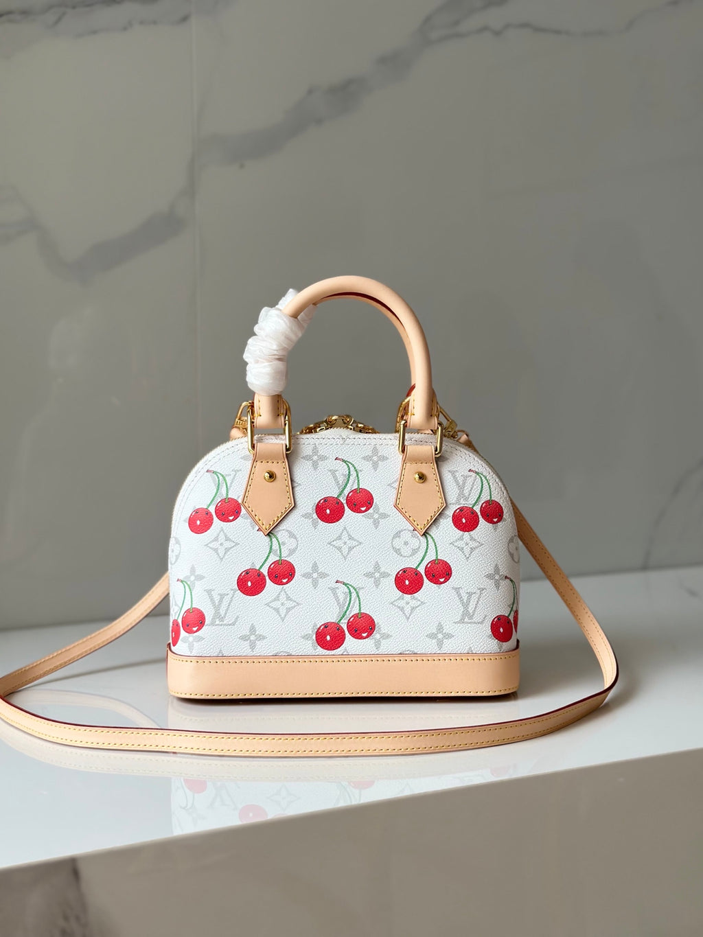 Alma BB White Monogram Canvas with Cherry Print