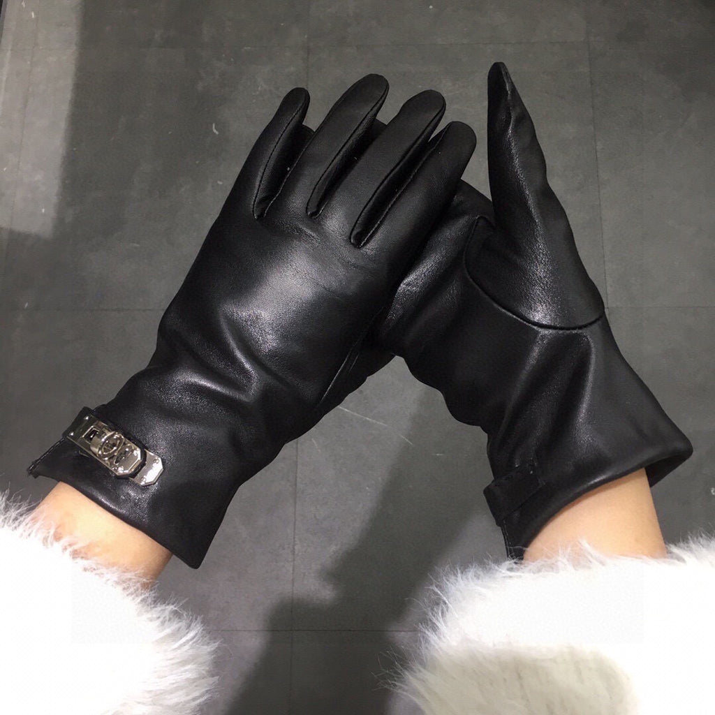 Lambskin Leather Gloves with Lock Detail