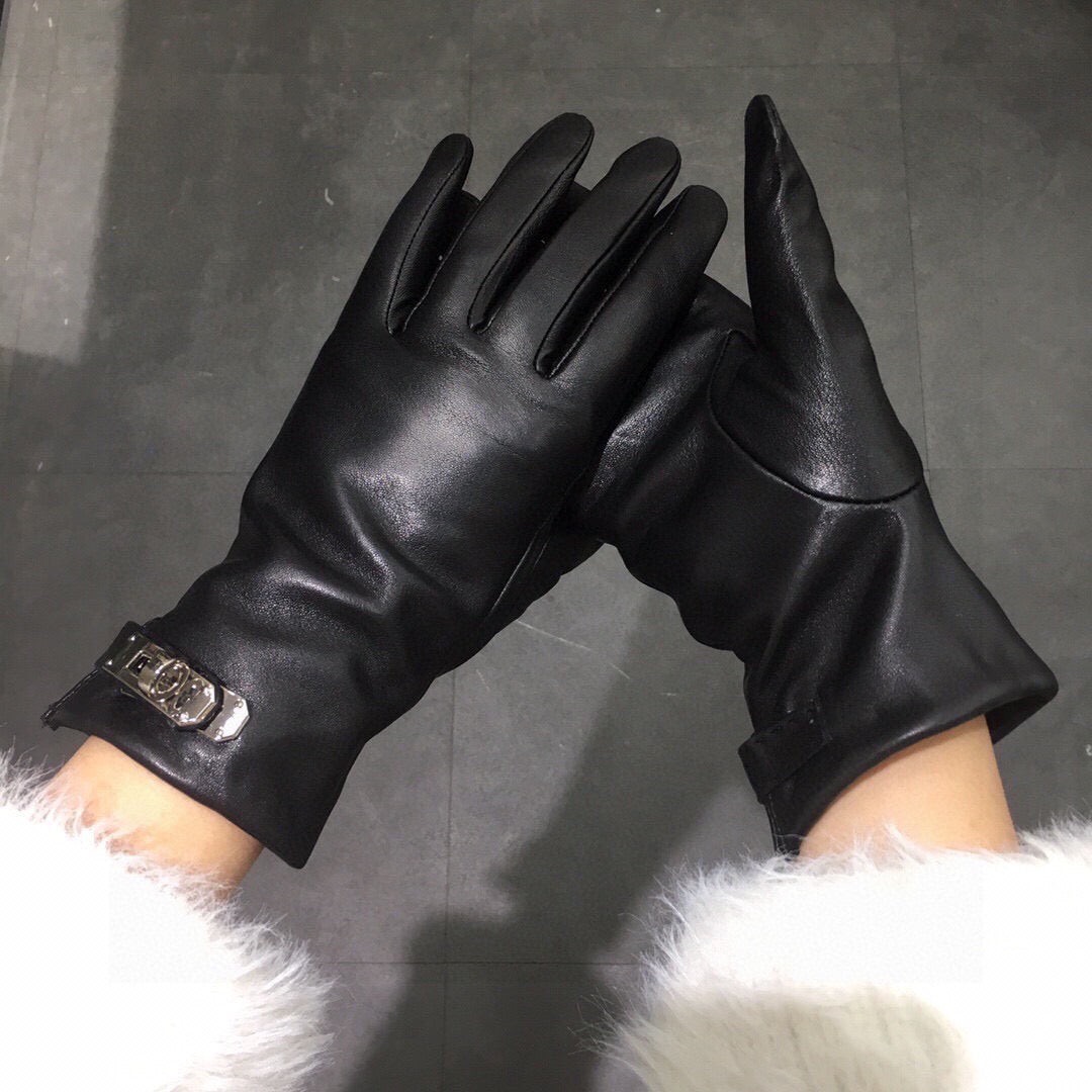 Lambskin Leather Gloves with Lock Detail