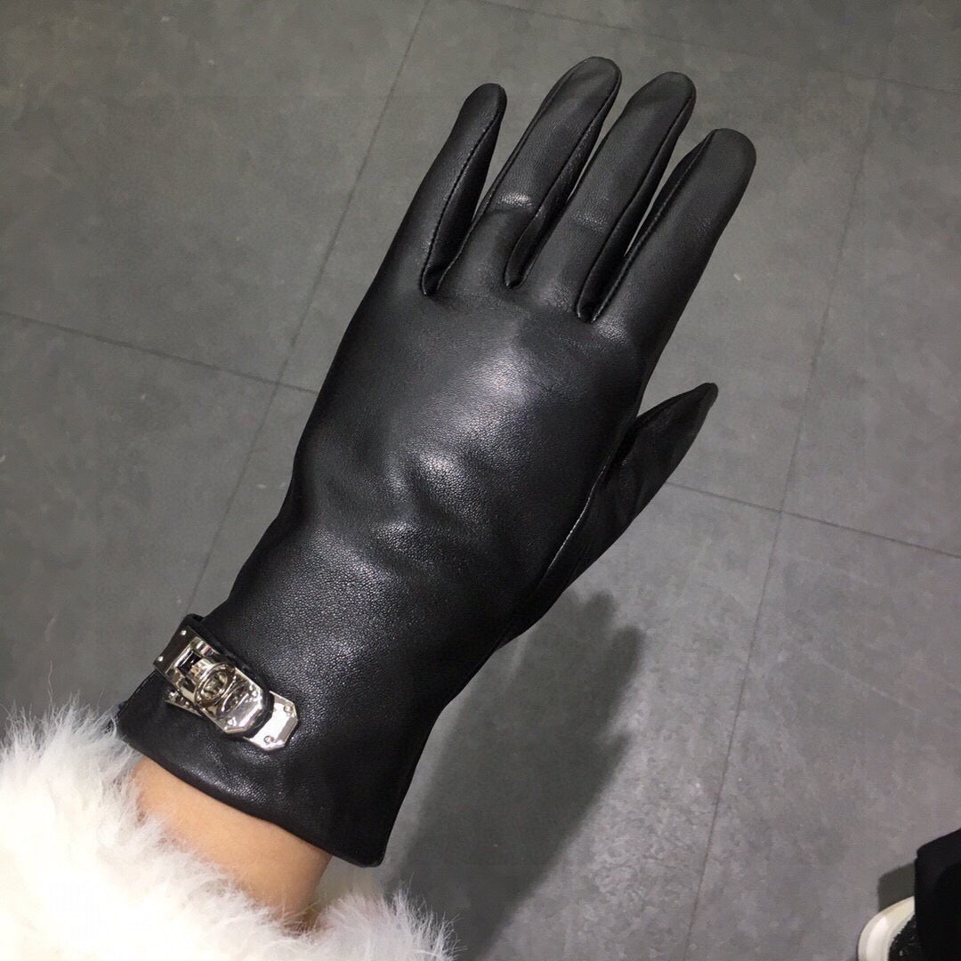 Lambskin Leather Gloves with Lock Detail