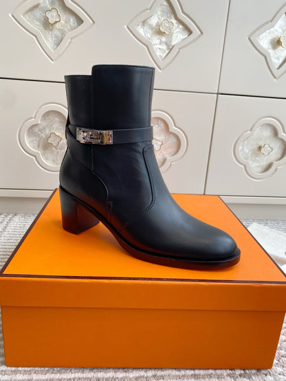 Kelly Buckle Mid-Heel Leather Ankle Boots