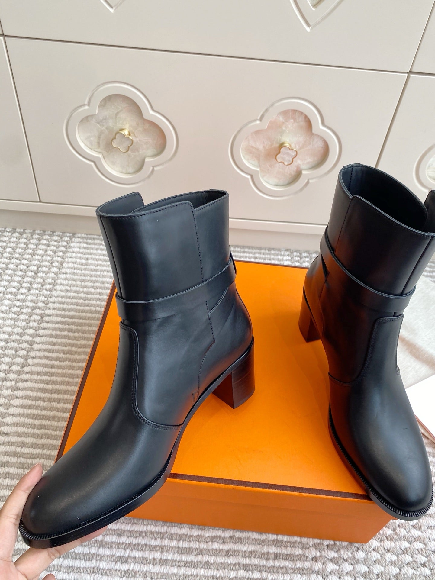 Kelly Buckle Mid-Heel Leather Ankle Boots