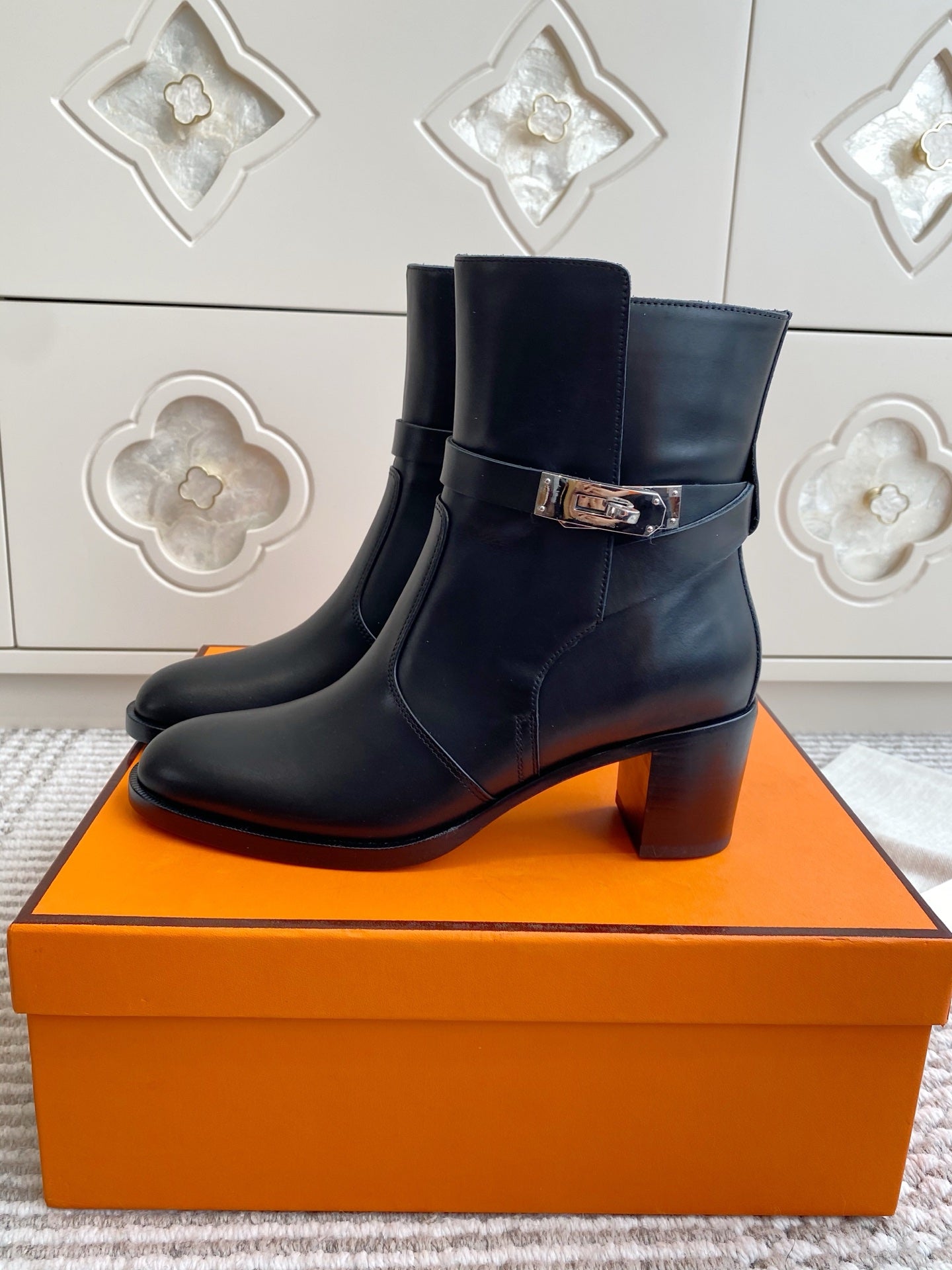Kelly Buckle Mid-Heel Leather Ankle Boots
