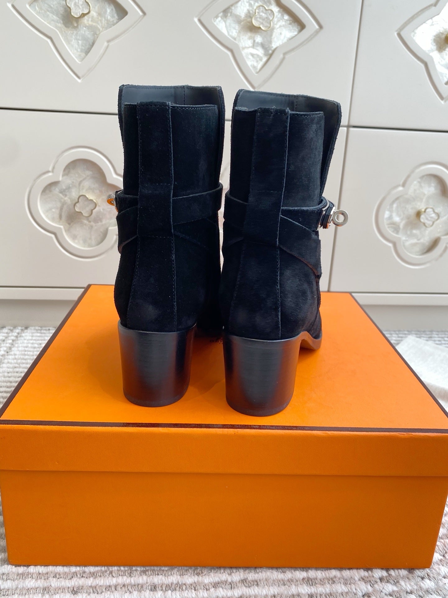 Kelly Buckle Mid-Heel Suede Ankle Boots