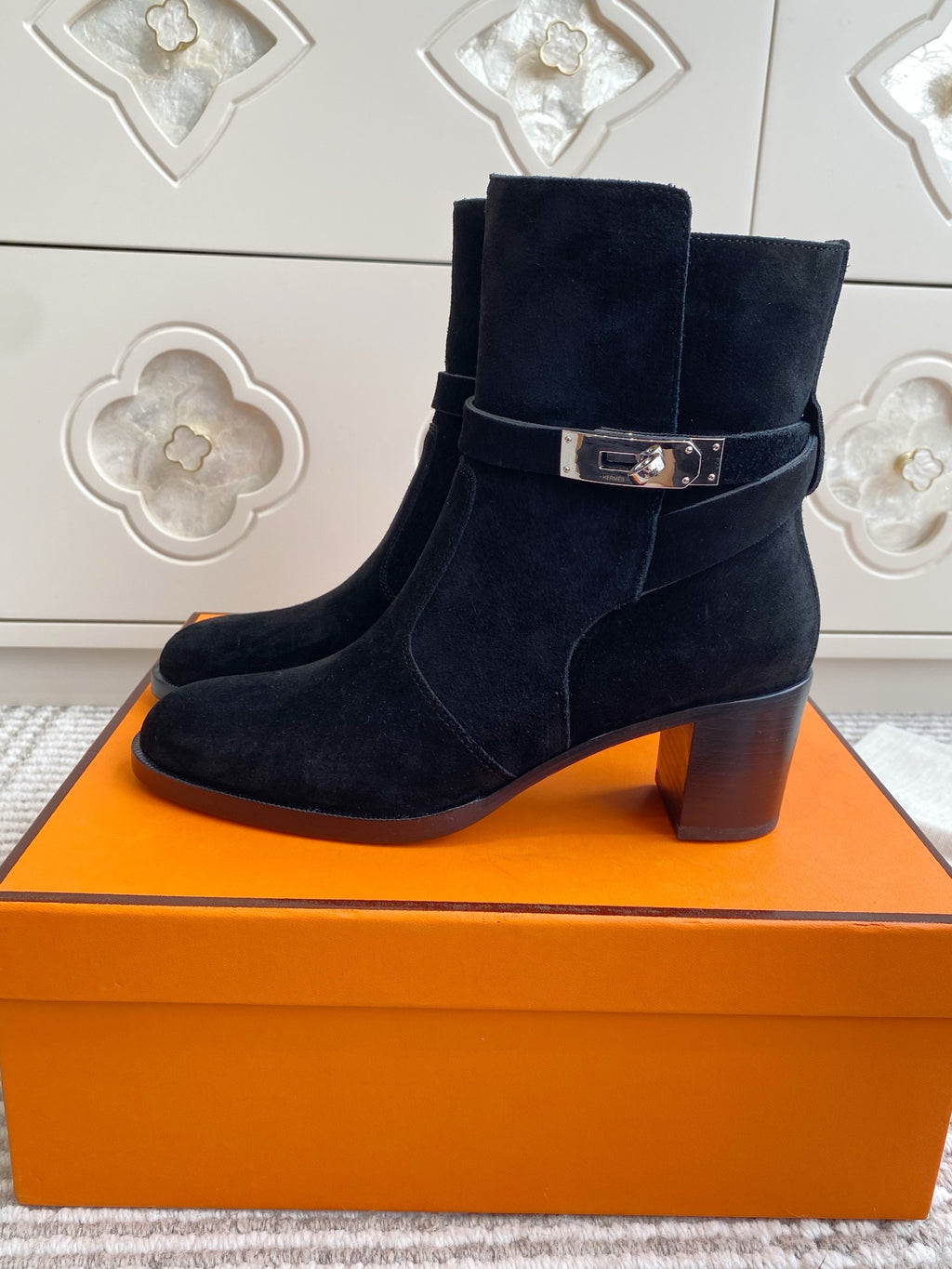 Kelly Buckle Mid-Heel Suede Ankle Boots