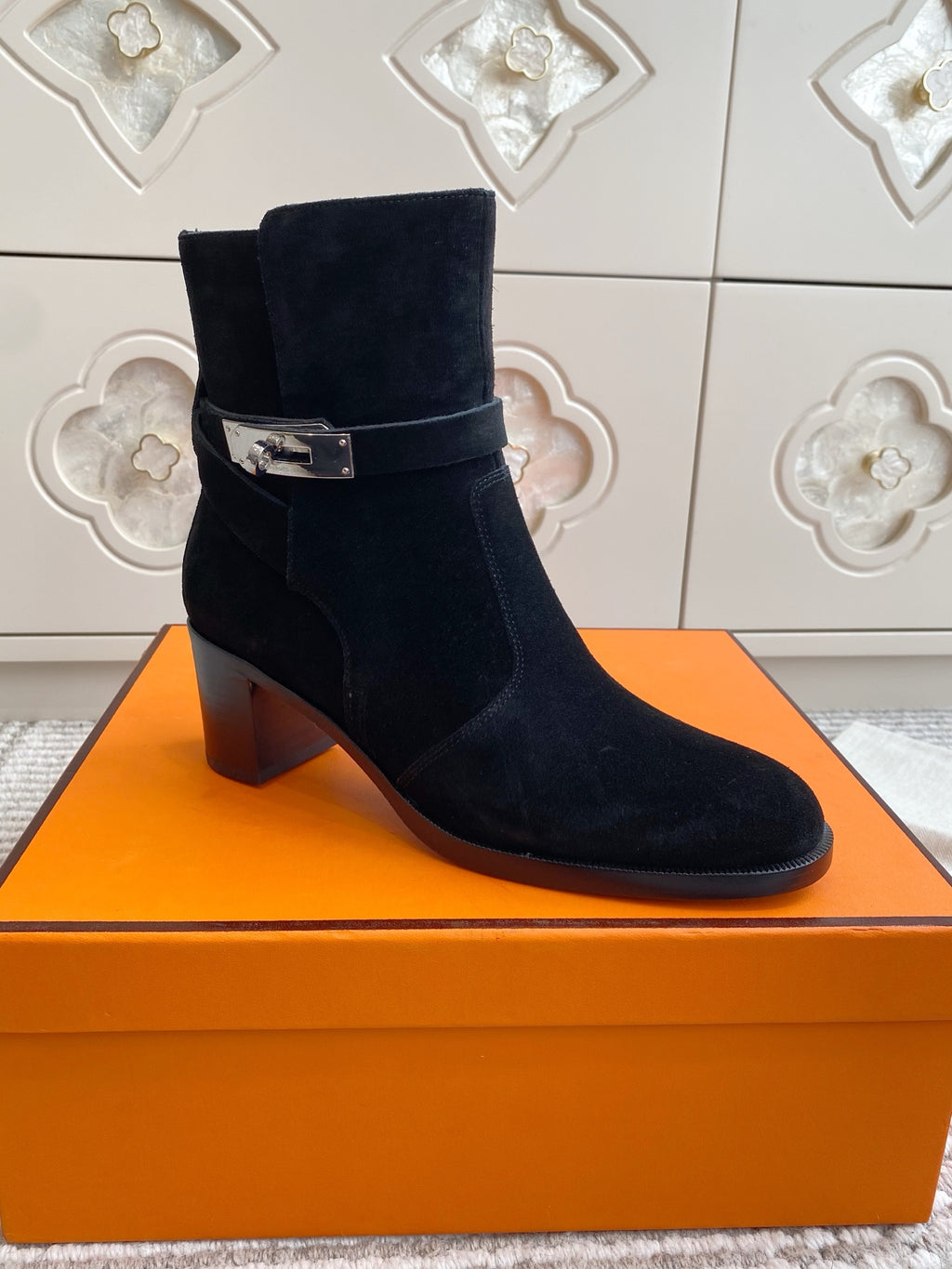 Kelly Buckle Mid-Heel Suede Ankle Boots