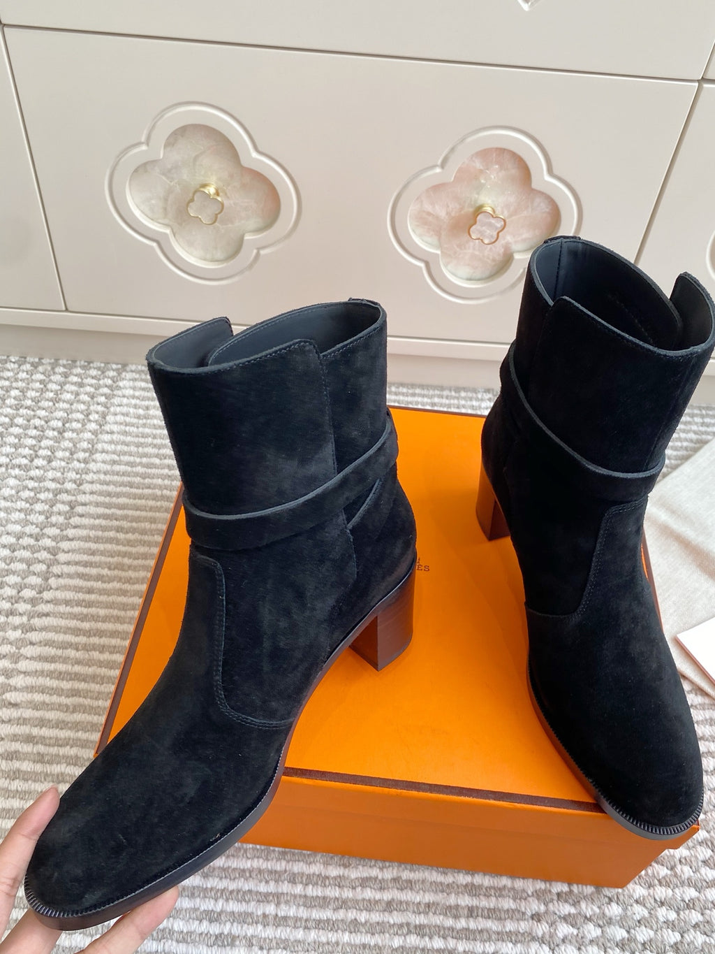 Kelly Buckle Mid-Heel Suede Ankle Boots