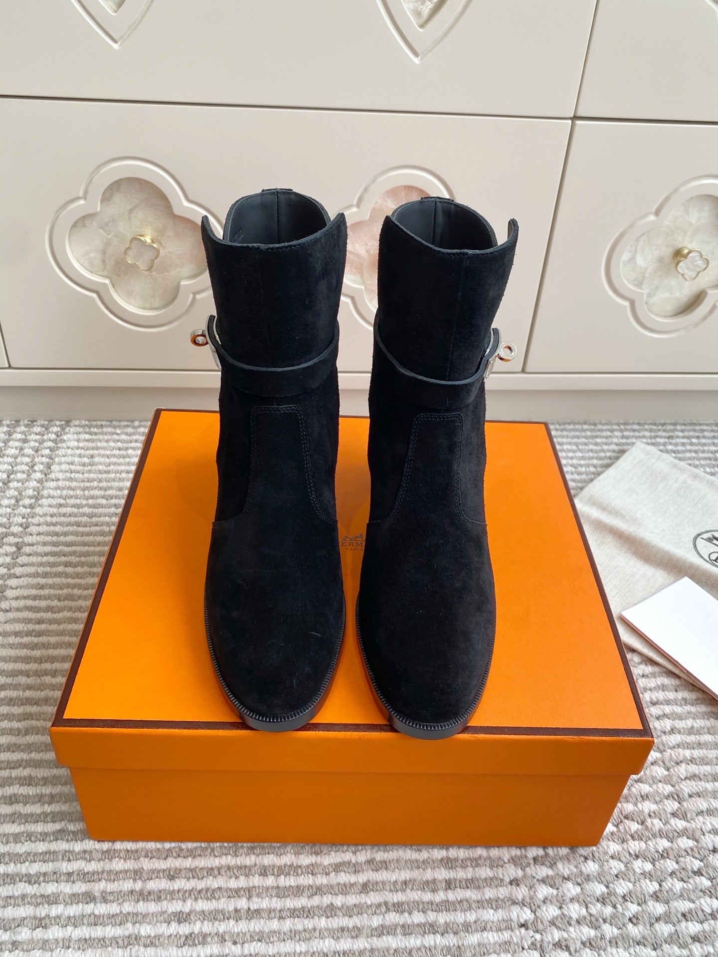 Kelly Buckle Mid-Heel Suede Ankle Boots