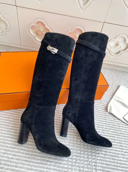 Kelly Buckle Suede Knee-High Heeled Boots