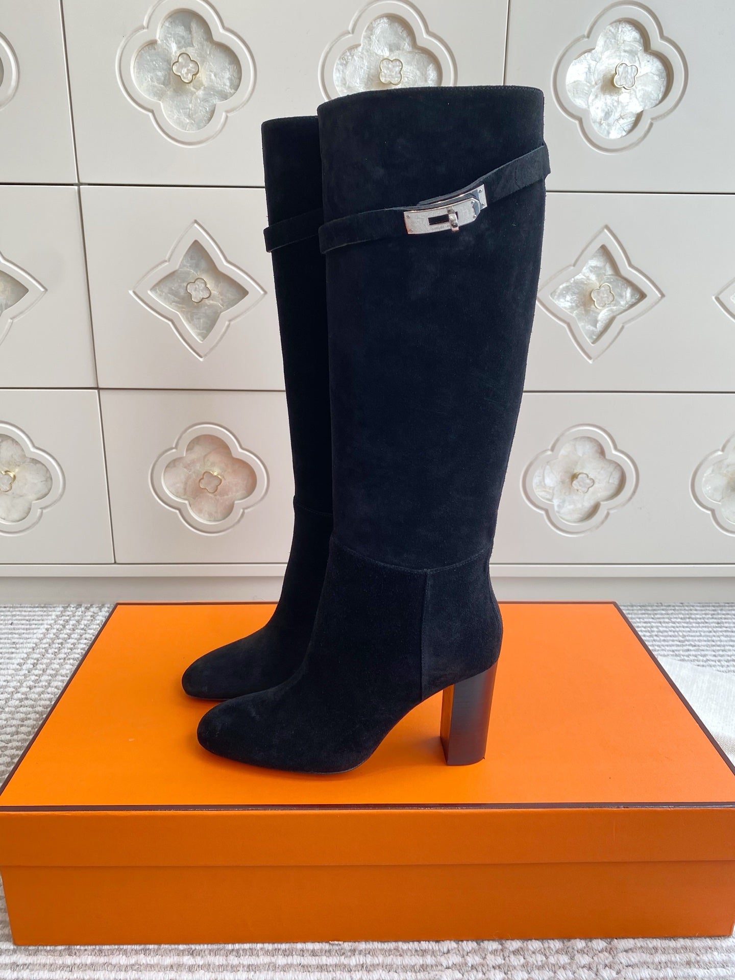 Kelly Buckle Suede Knee-High Heeled Boots