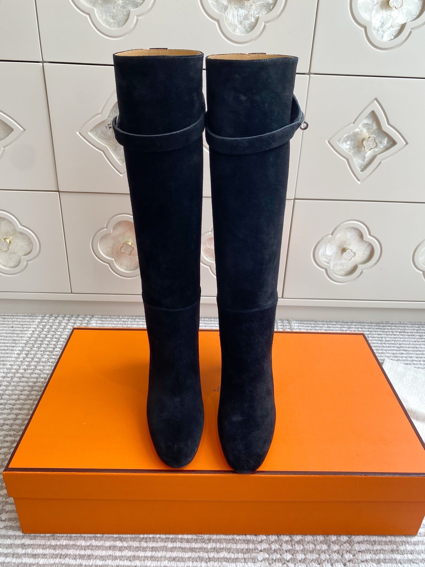Kelly Buckle Suede Knee-High Heeled Boots