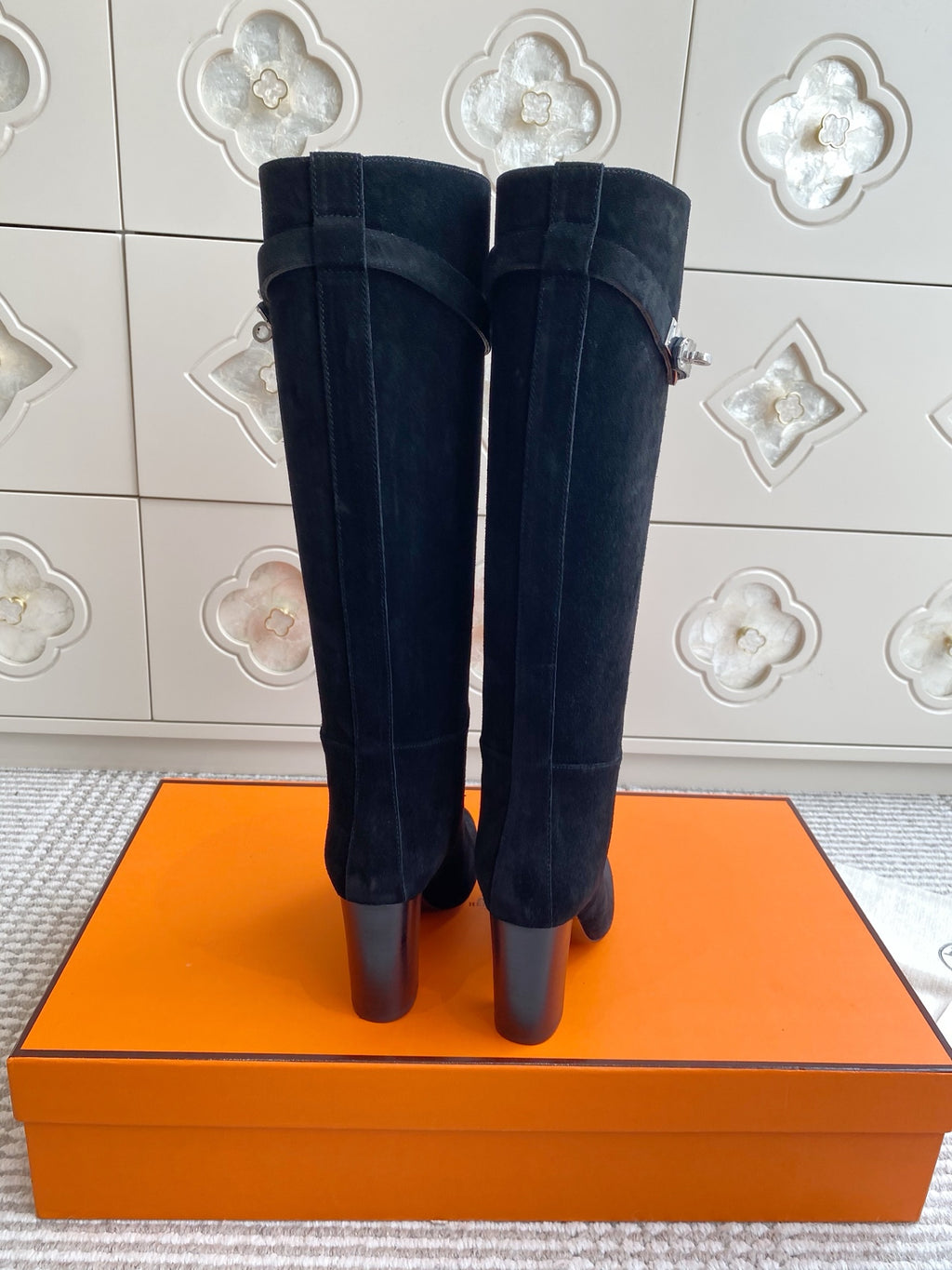 Kelly Buckle Suede Knee-High Heeled Boots