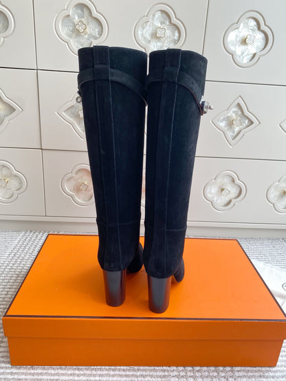 Kelly Buckle Suede Knee-High Heeled Boots