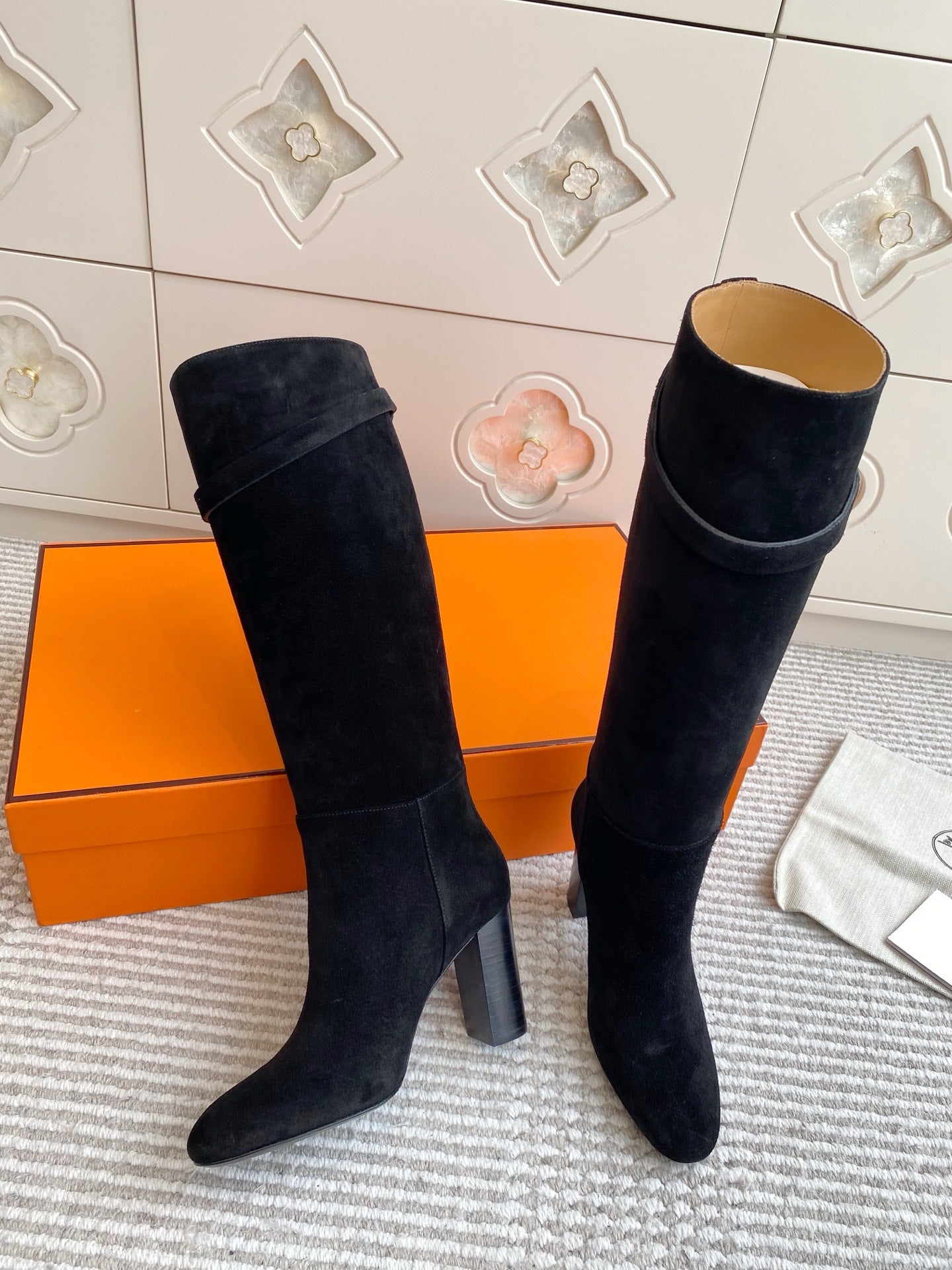 Kelly Buckle Suede Knee-High Heeled Boots
