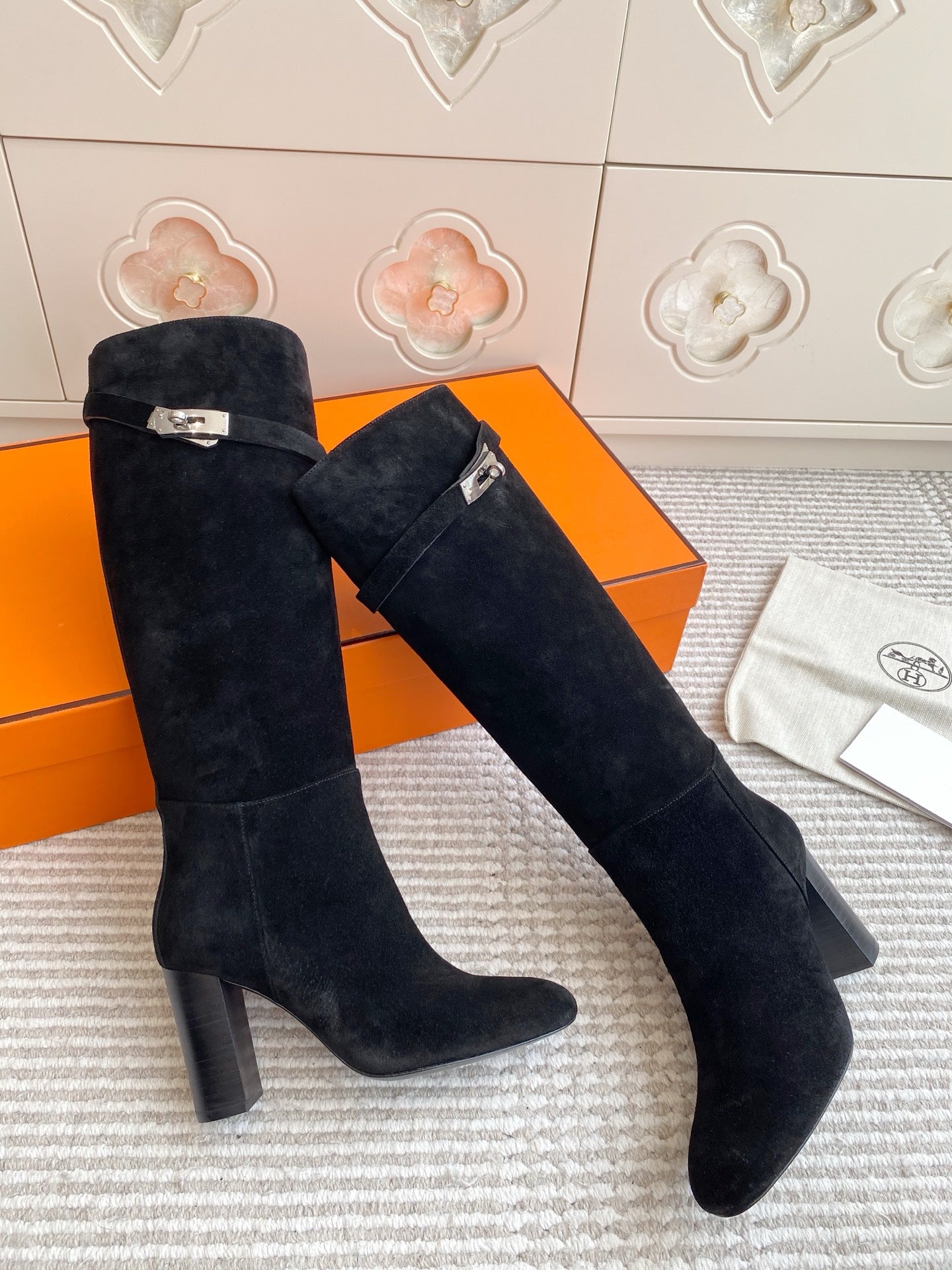 Kelly Buckle Suede Knee-High Heeled Boots
