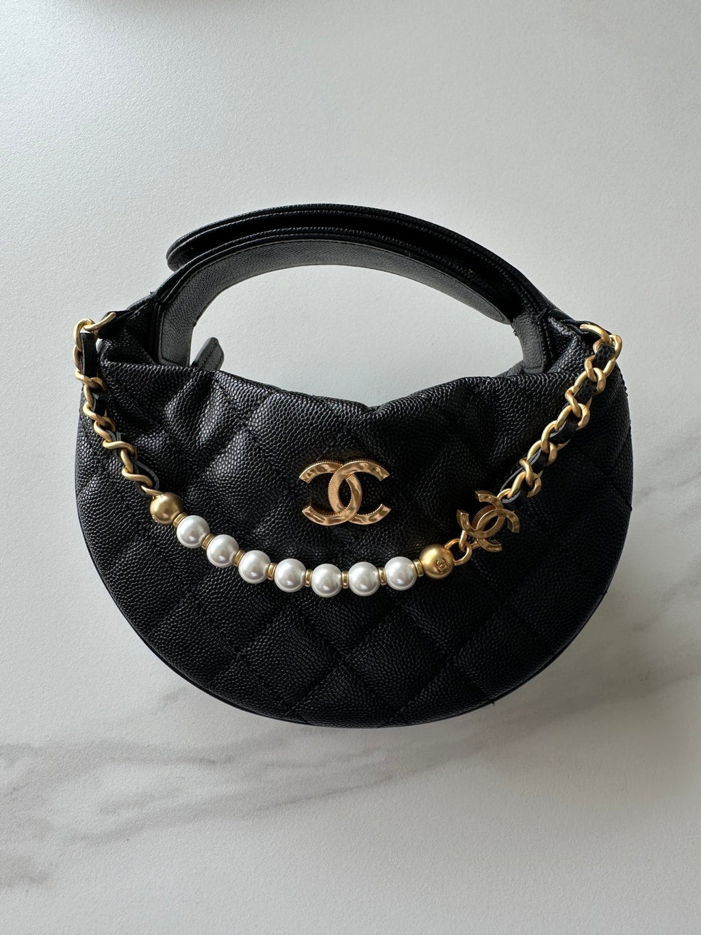 Pearl-Chain Quilted Mini Hobo Bag