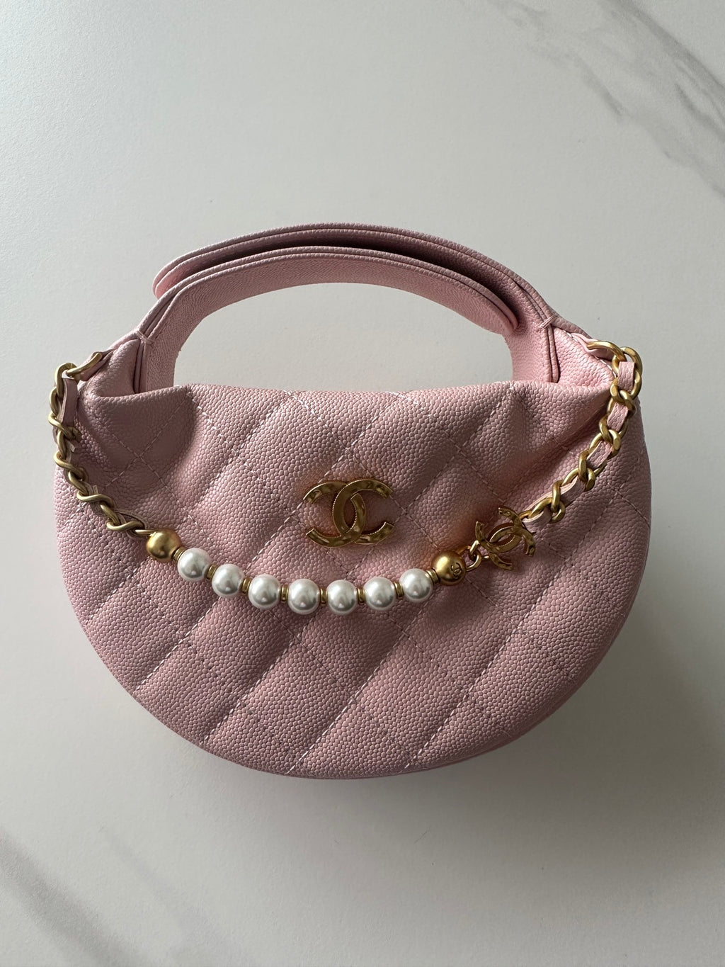 Pearl-Chain Quilted Mini Hobo Bag