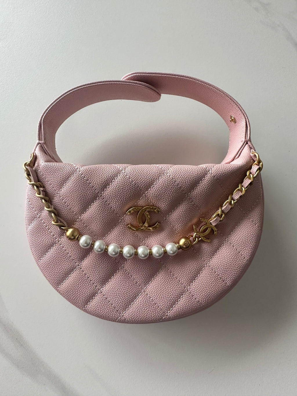 Pearl-Chain Quilted Mini Hobo Bag