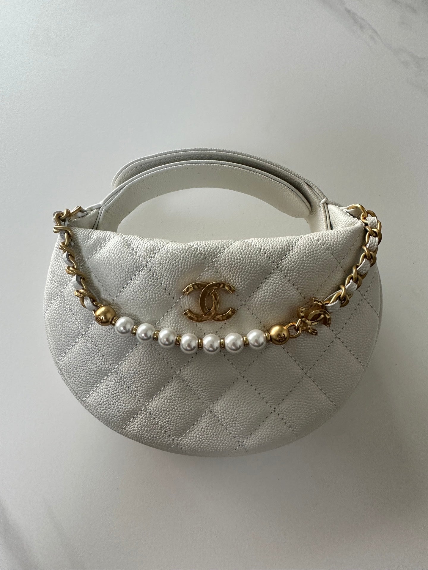 Pearl-Chain Quilted Mini Hobo Bag