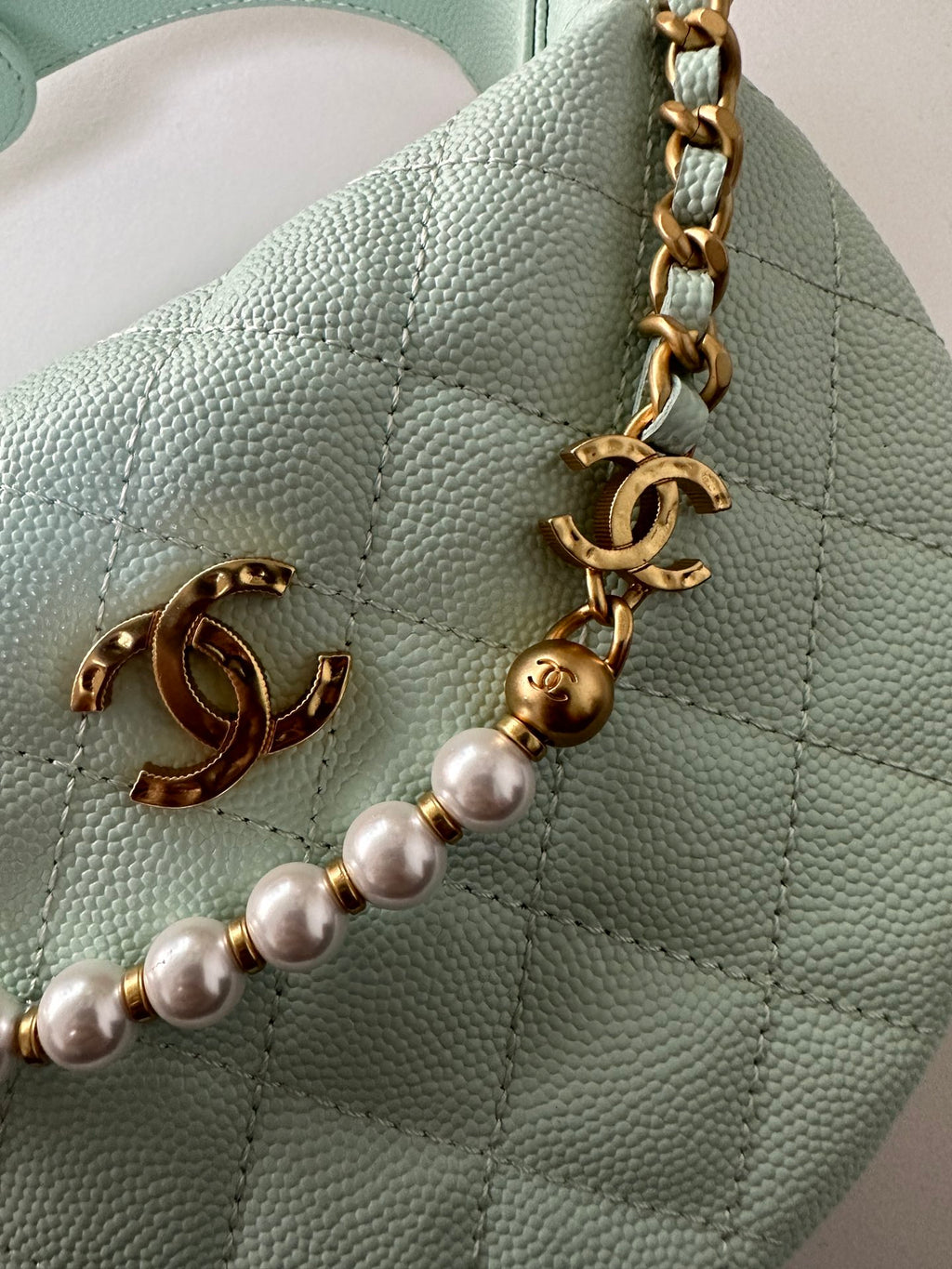 Pearl-Chain Quilted Mini Hobo Bag