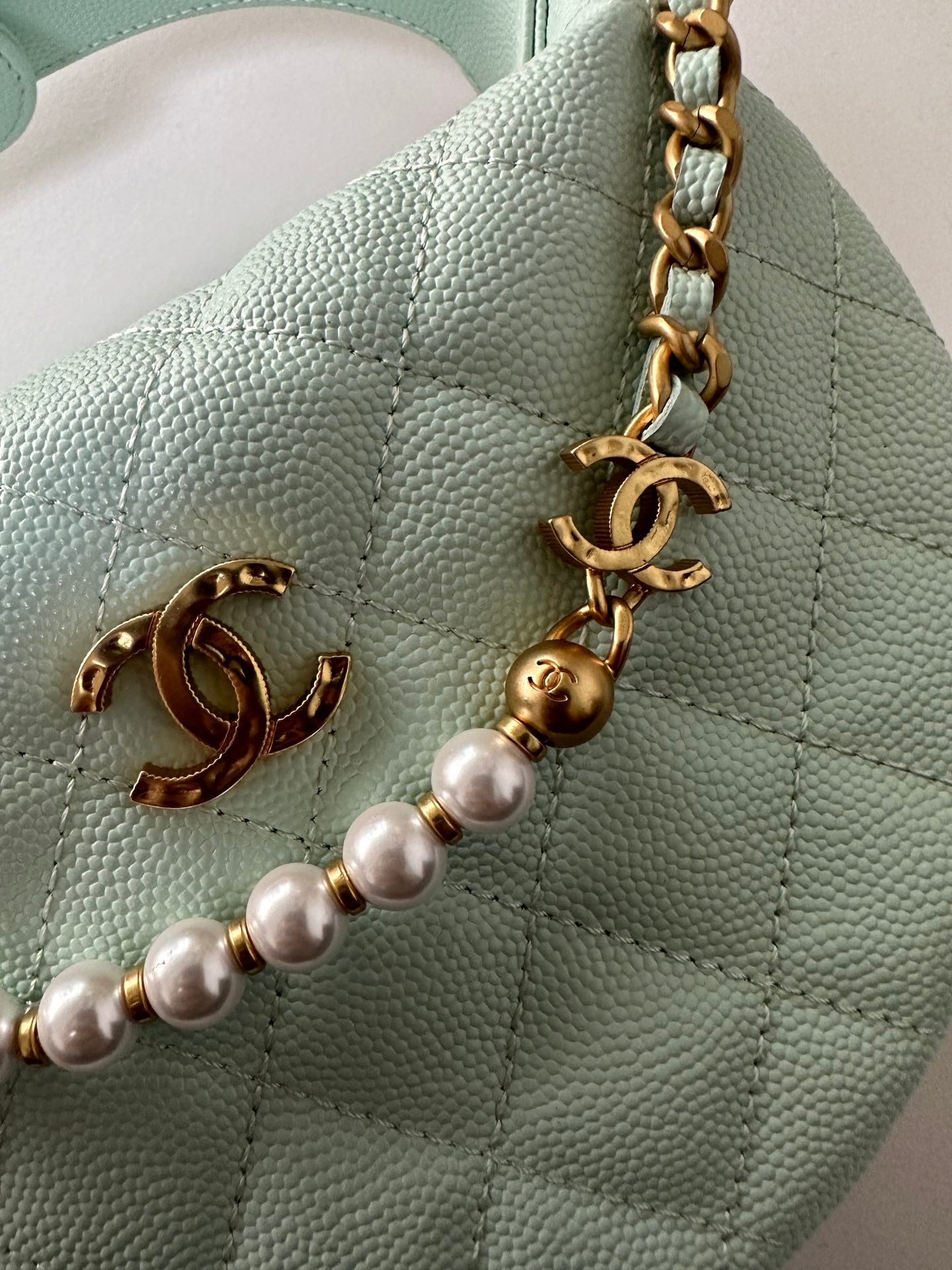 Pearl-Chain Quilted Mini Hobo Bag