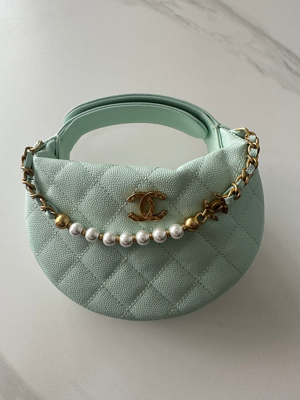 Pearl-Chain Quilted Mini Hobo Bag