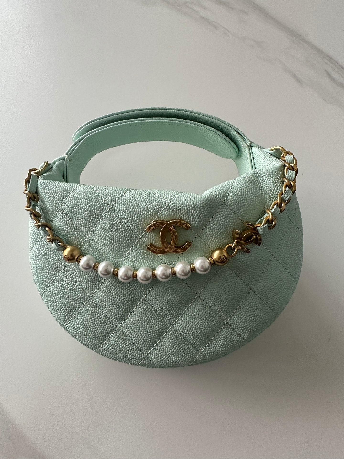 Pearl-Chain Quilted Mini Hobo Bag