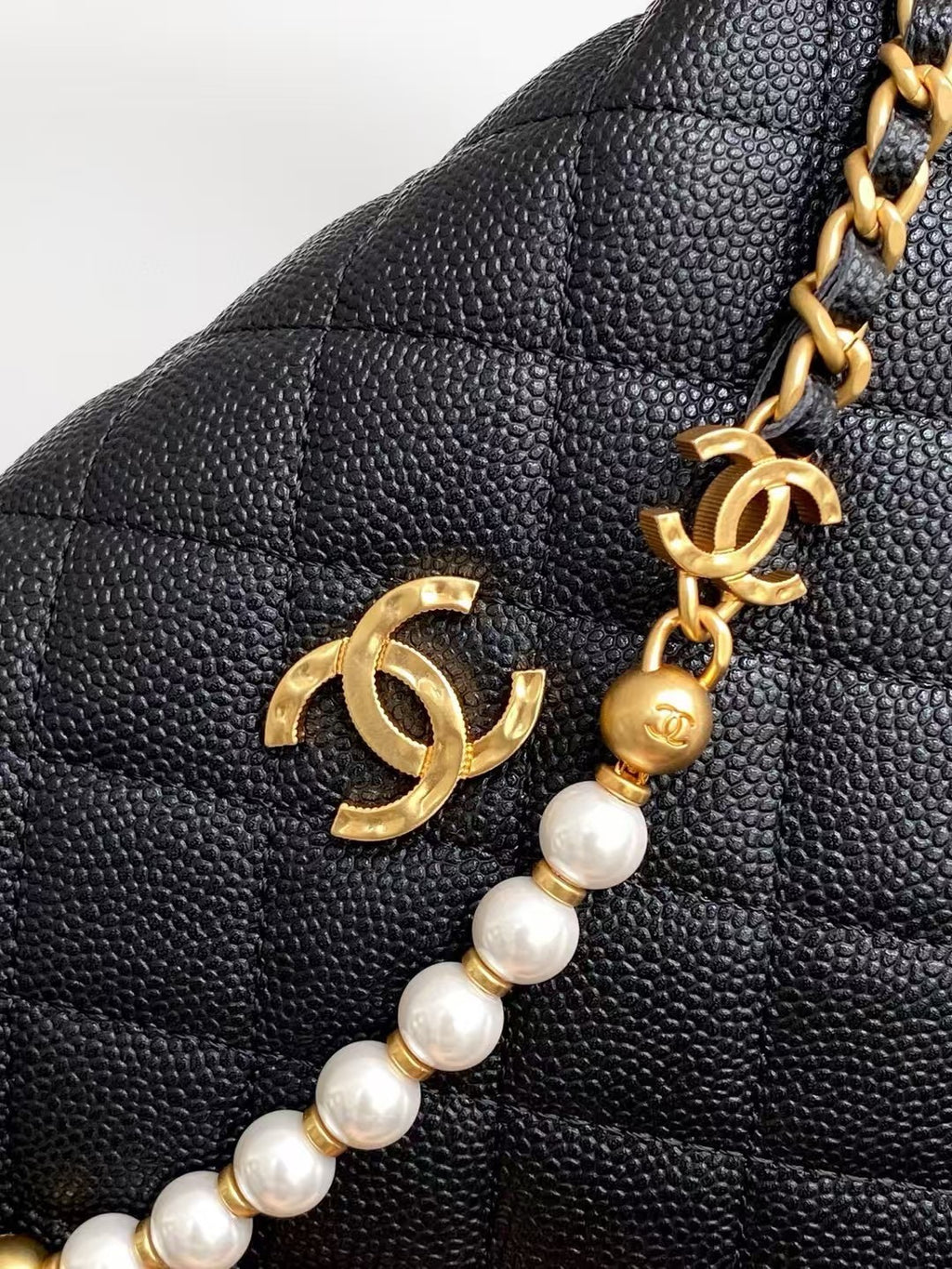 Pearl-Chain Quilted Mini Hobo Bag