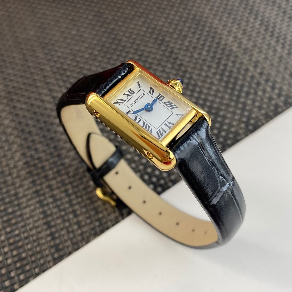 Tank Watch – Yellow Gold & Black Leather
