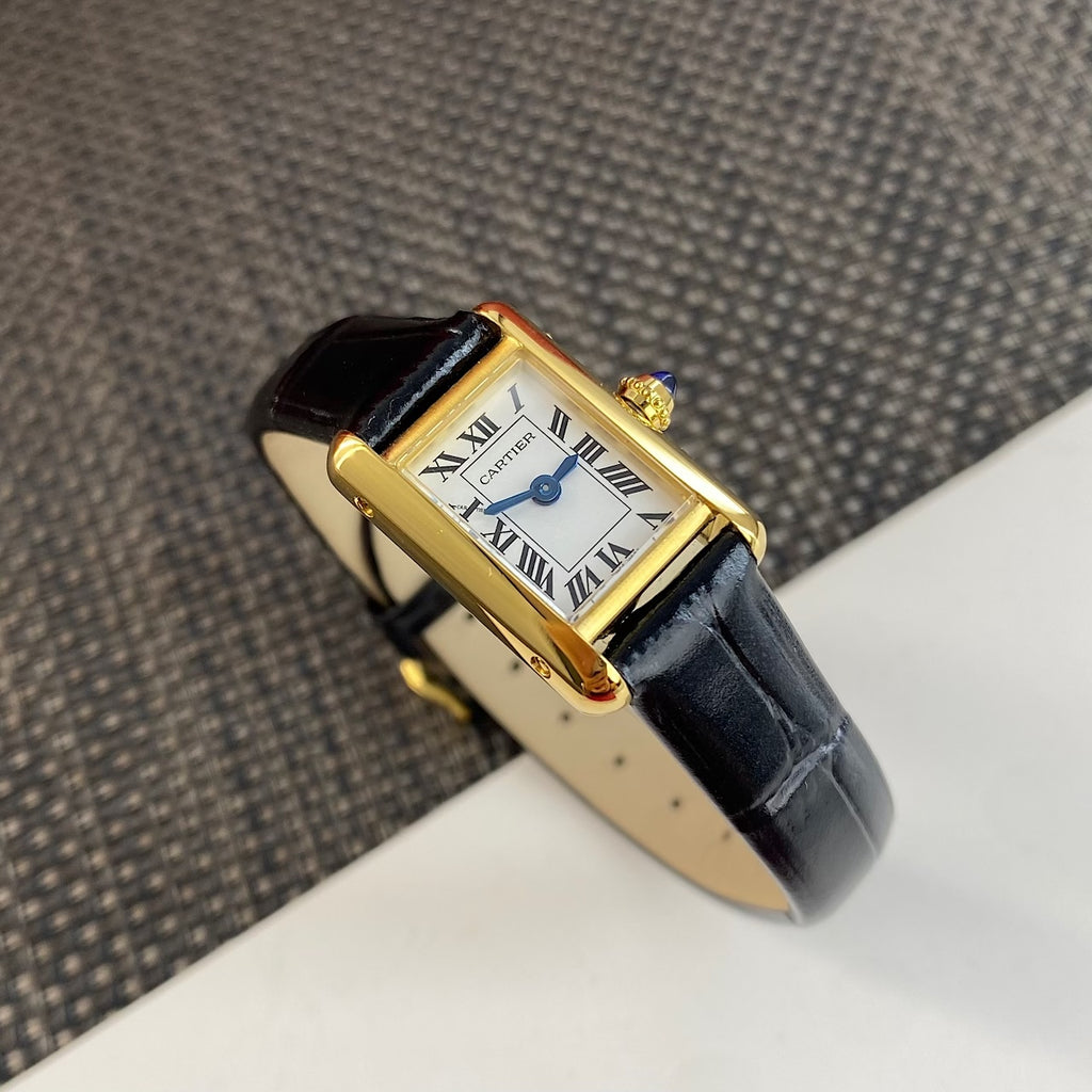 Tank Watch – Yellow Gold & Black Leather