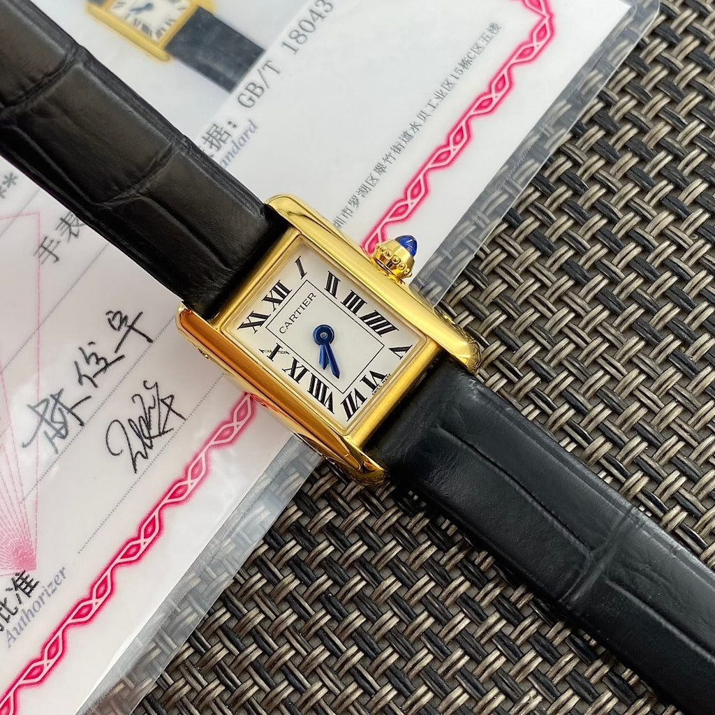 Tank Watch – Yellow Gold & Black Leather