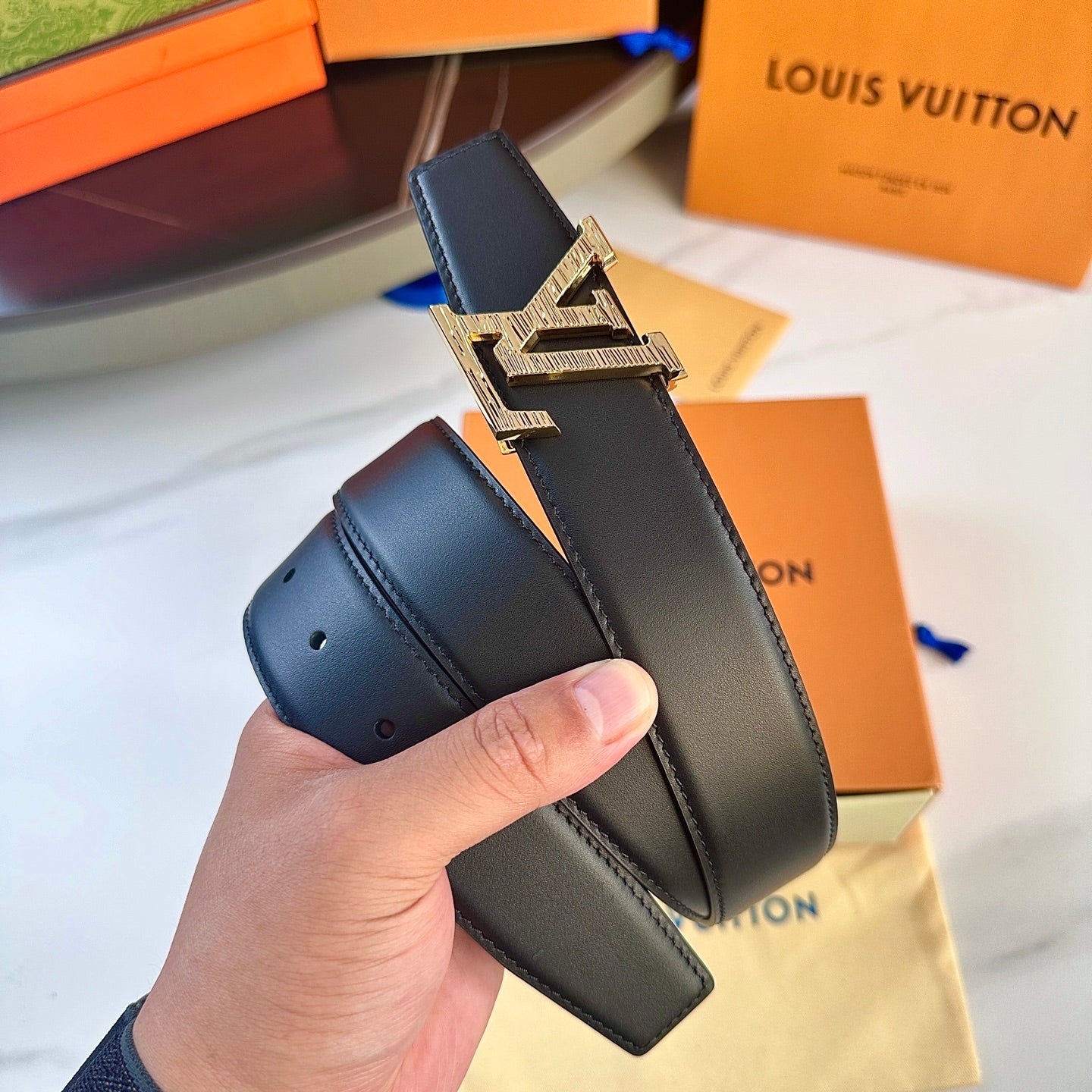 Men's Leather Belt with Gold