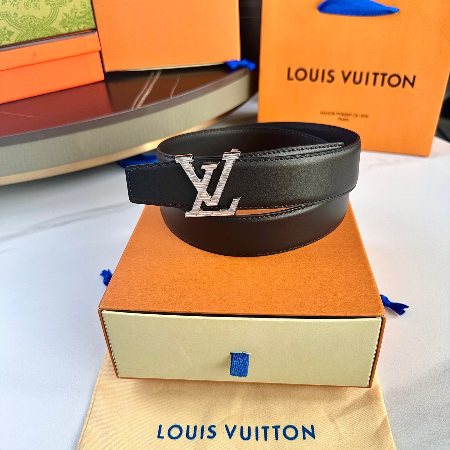 Men's Leather Belt with Silver LV-Style Buckle