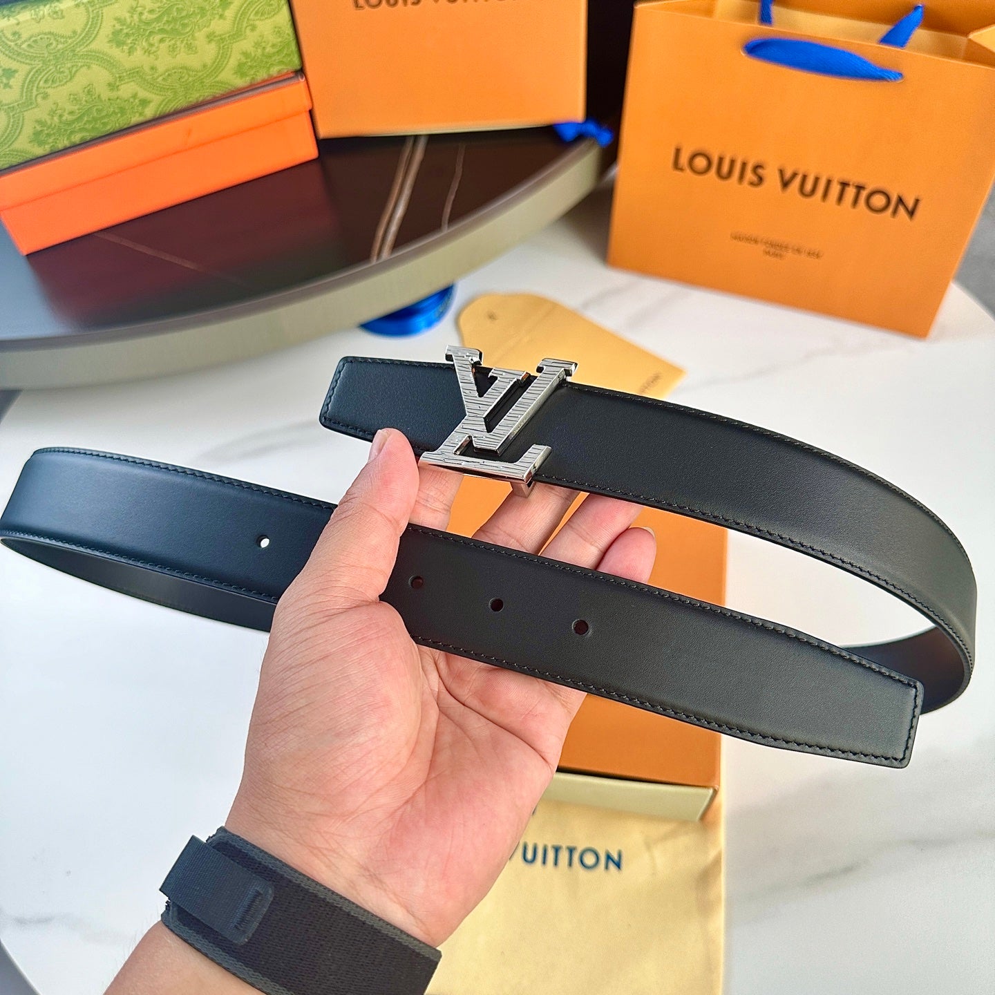 Men's Leather Belt with Silver LV-Style Buckle