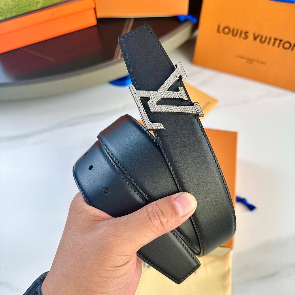 Men's Leather Belt with Silver LV-Style Buckle