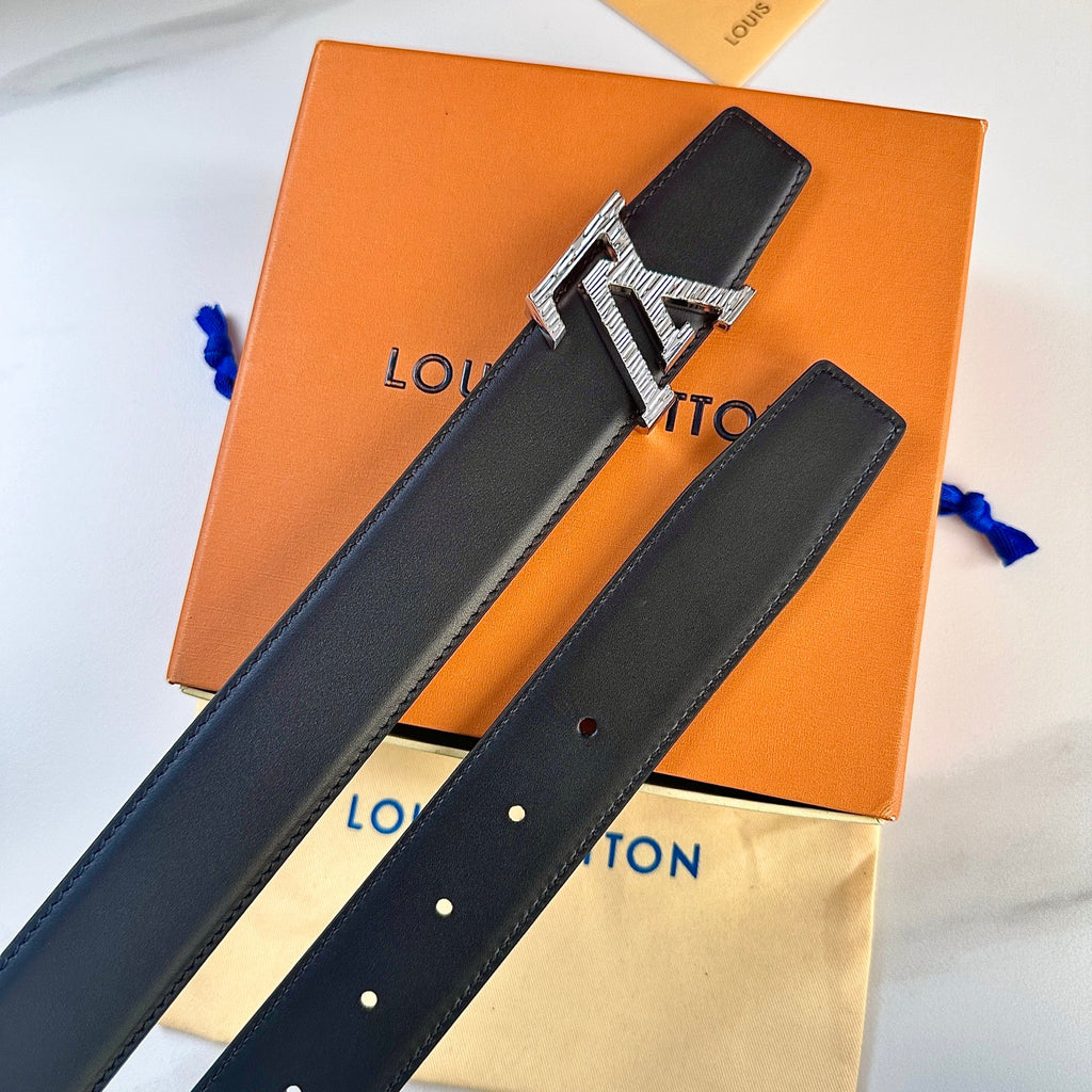 Men's Leather Belt with Silver LV-Style Buckle