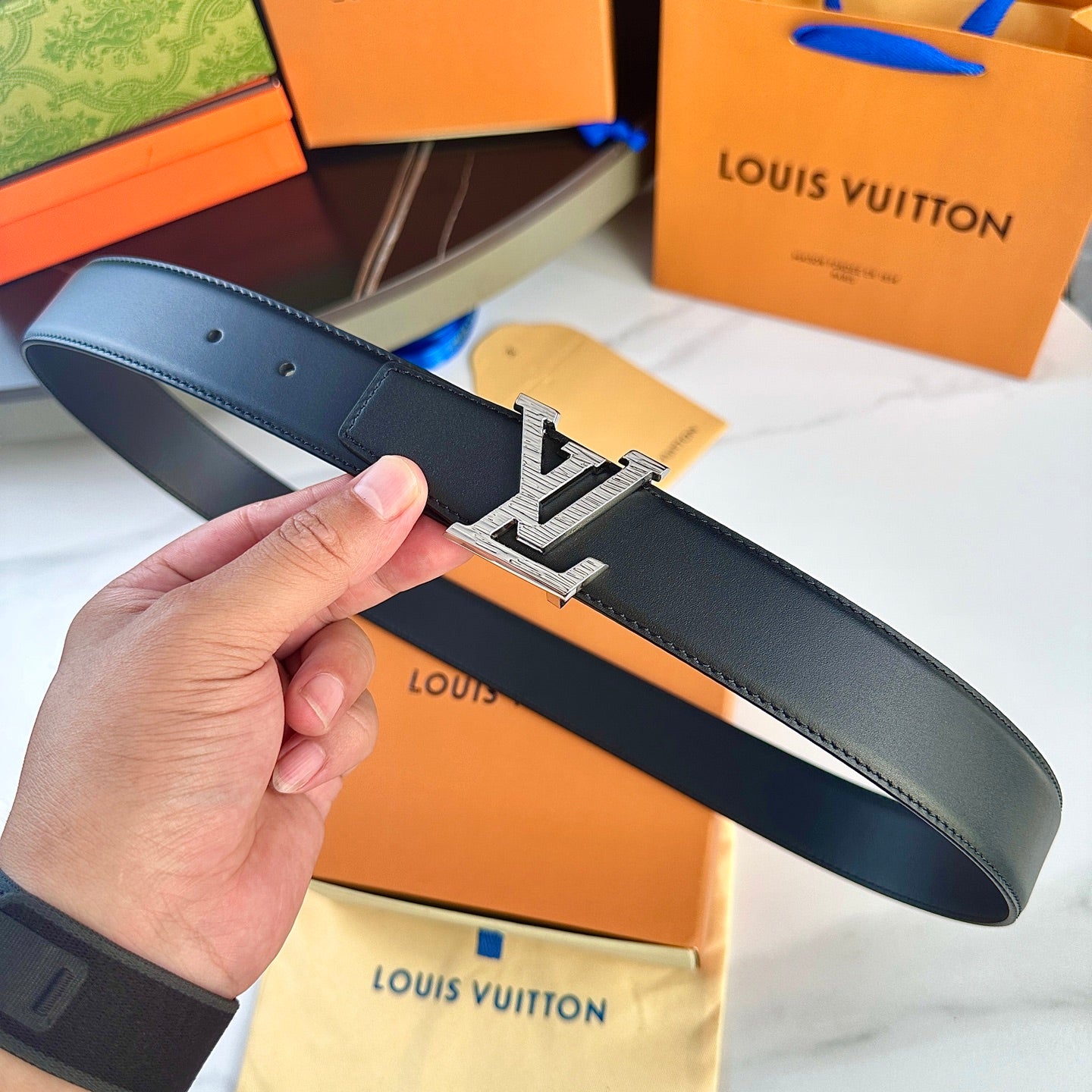 Men's Leather Belt with Silver LV-Style Buckle