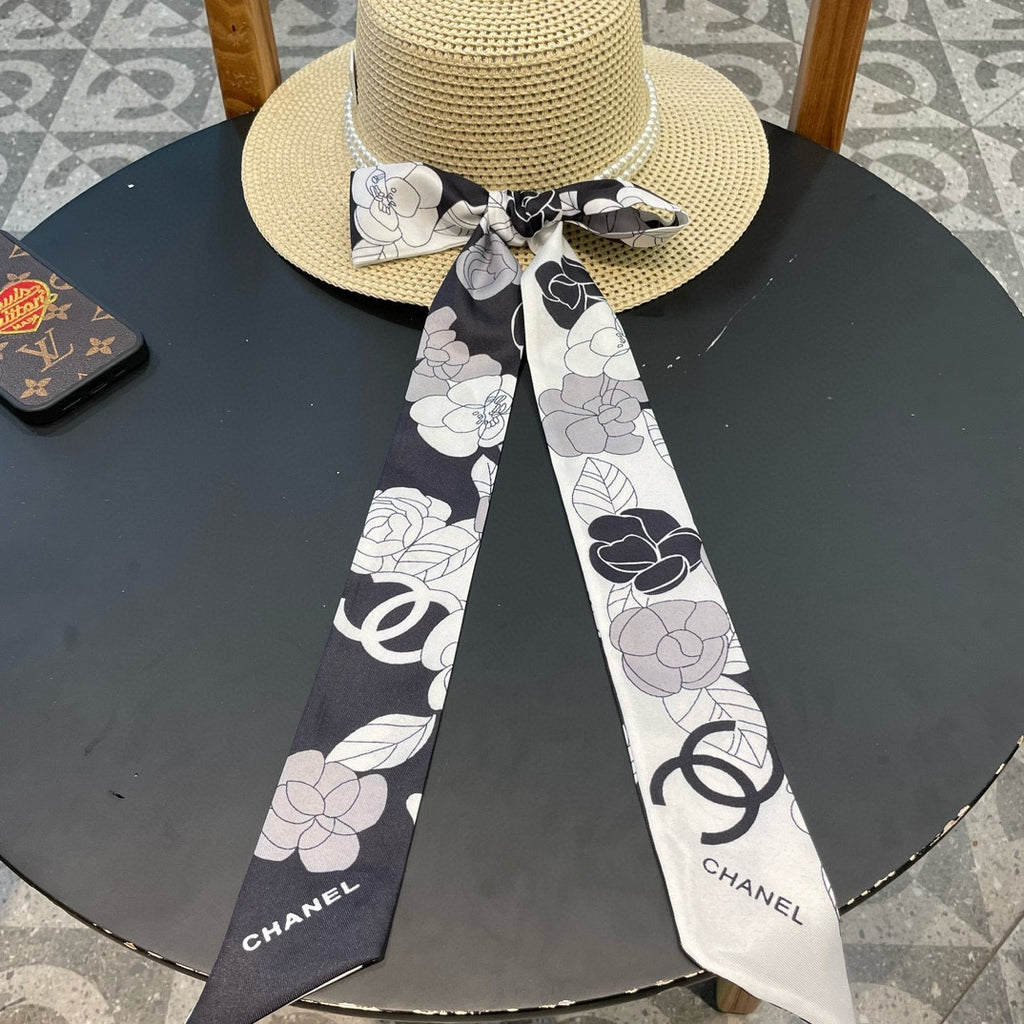 Woven Straw Hat with Pearl Band and Silk Bow Detail