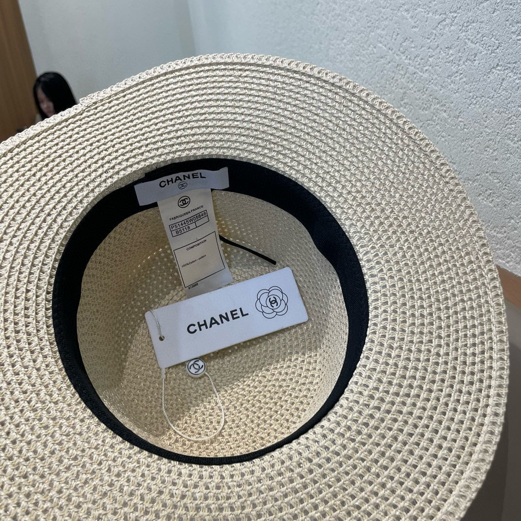 Woven Straw Hat with Pearl Band and Silk Bow Detail