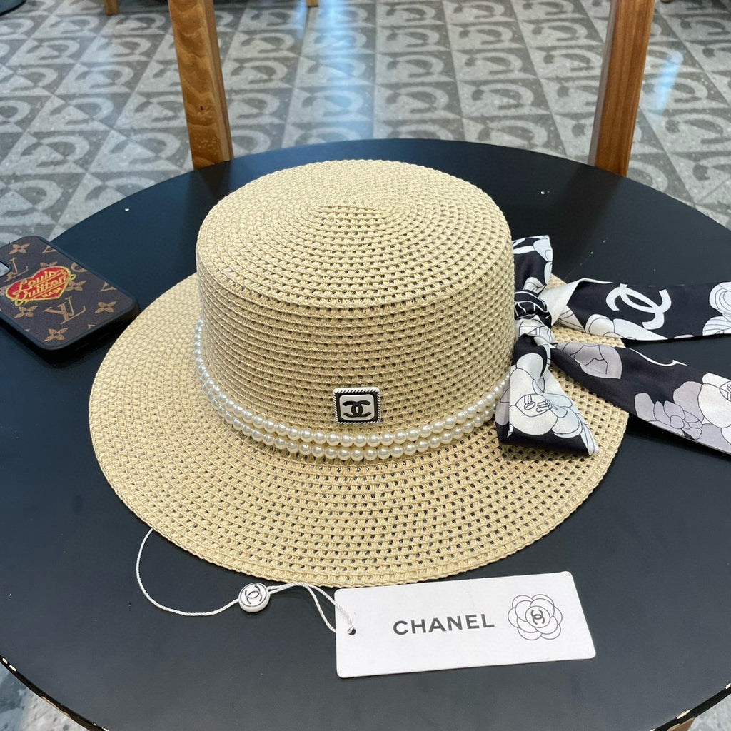 Woven Straw Hat with Pearl Band and Silk Bow Detail