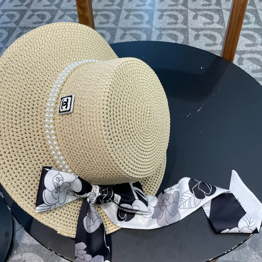 Woven Straw Hat with Pearl Band and Silk Bow Detail