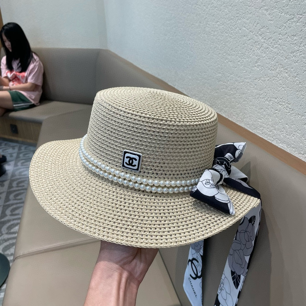 Woven Straw Hat with Pearl Band and Silk Bow Detail