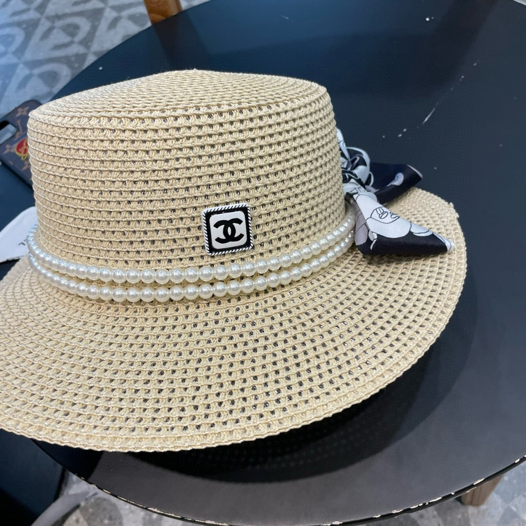 Woven Straw Hat with Pearl Band and Silk Bow Detail