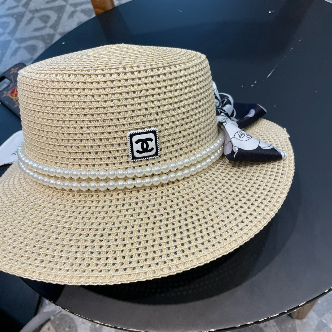 Woven Straw Hat with Pearl Band and Silk Bow Detail