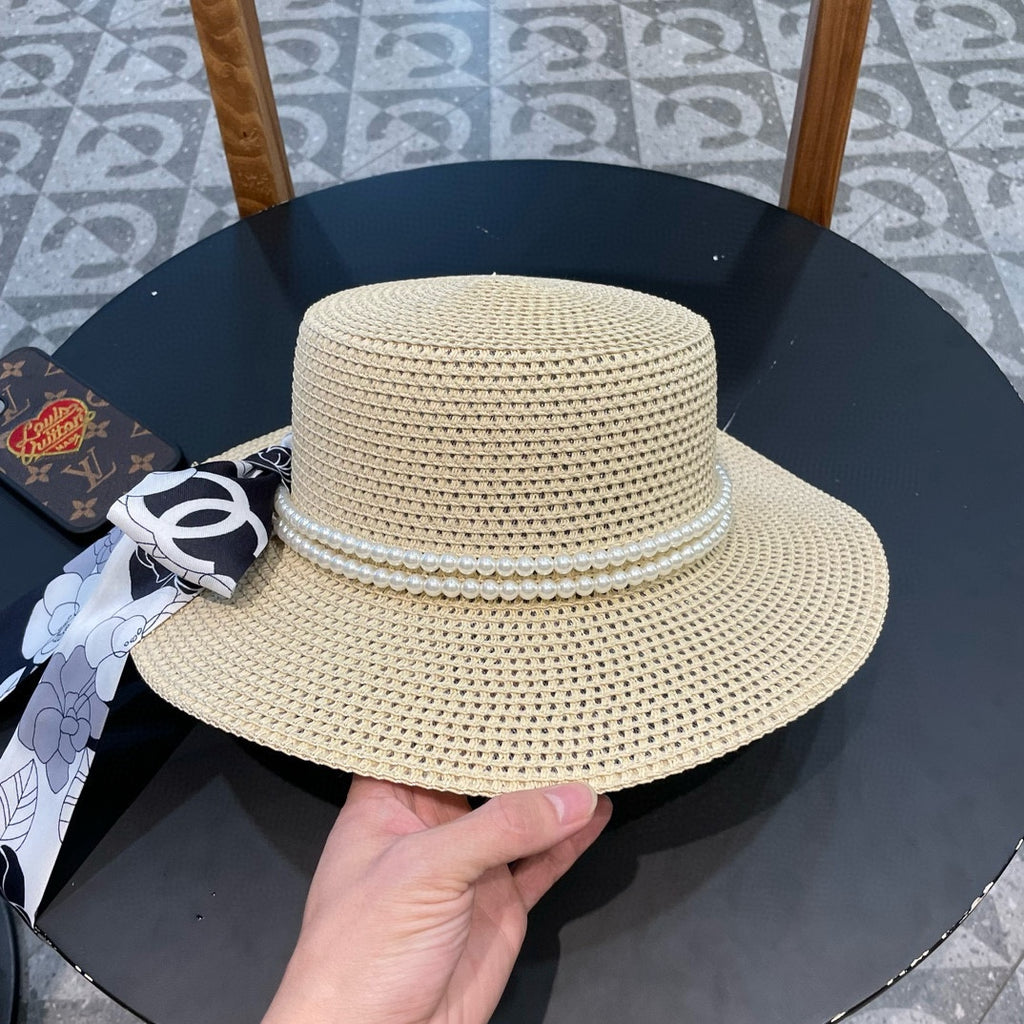 Woven Straw Hat with Pearl Band and Silk Bow Detail