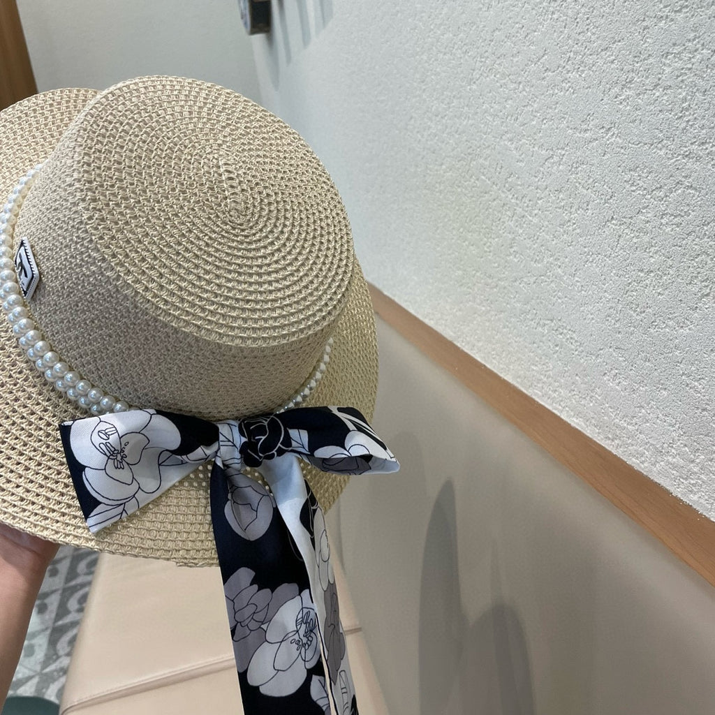 Woven Straw Hat with Pearl Band and Silk Bow Detail