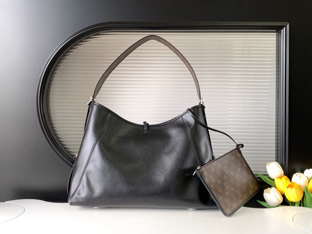 CarryAll Dark Shoulder Bag – Black Lambskin Leather & Monogram Pouch