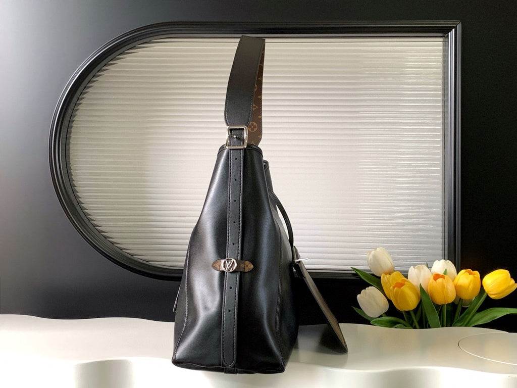 CarryAll Dark Shoulder Bag – Black Lambskin Leather & Monogram Pouch